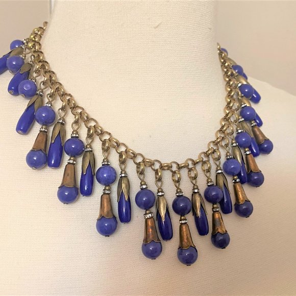 Vintage Antique Brass & Blue Glass & Rhinestone Dangle Necklace - Picture 3 of 9